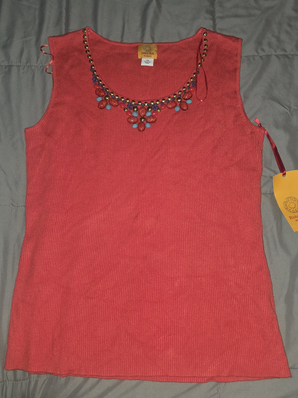 Ruby Rd. Coral Red Embellished Tank Top